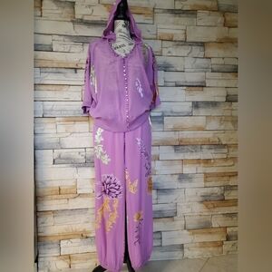 Women's Purple Harem Pants and Hooded Top Size L 2 Pieace Set Silk/Rayon/Spandex